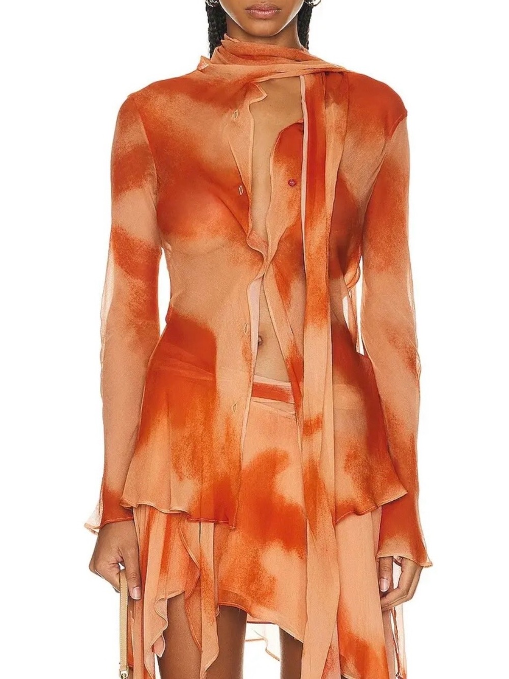 Acne Studios Orange and Peach Sheer Viscose Blouse with Scarf Accent